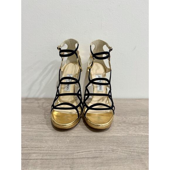 Jimmy Choo Bunting Caged Metallic Leather Strappy Heeled Sandals Black/Gold 39/9 - Picture 3 of 7